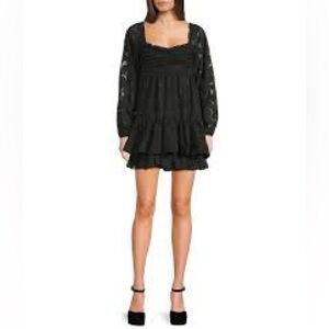 Black Lace-Sleeve Tiered Mini Dress Feminine Goth